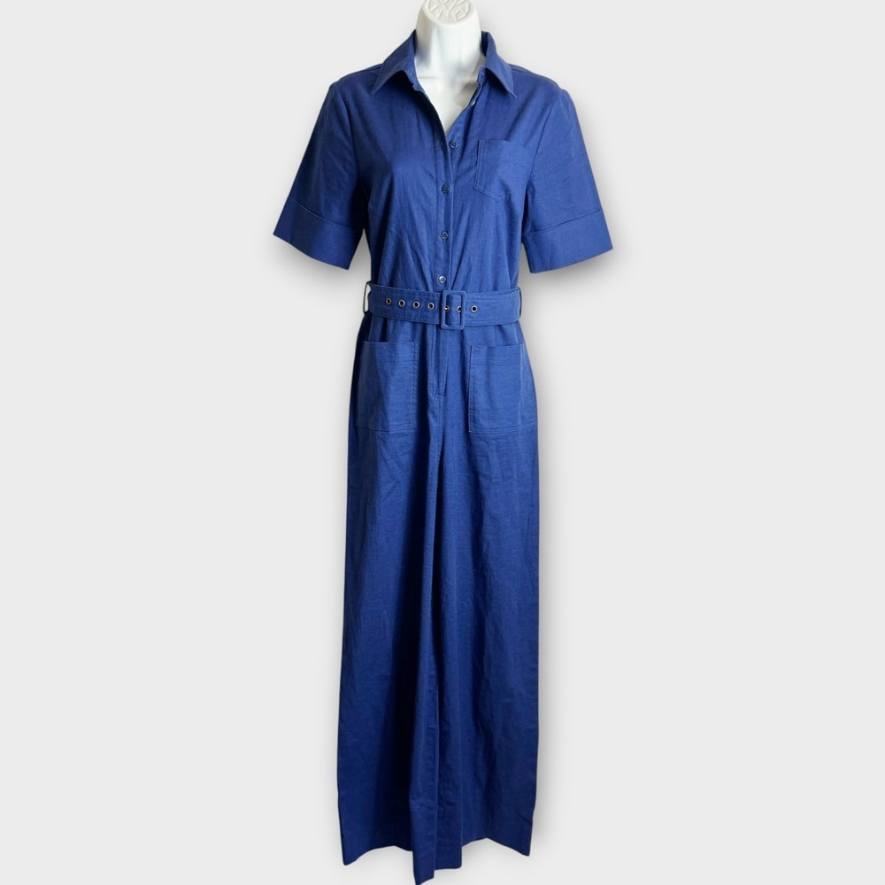 STAUD Zavey Cotton Linen Blend Belted Wide Leg Jumpsuit Blue XS Utiliitarian